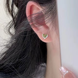 Daiiibabyyy  Fresh Green Crystal Heart Stud Earrings Girls Ins Sparkling Earrings Holiday Daily Sweet Fashion Jewelry Gifts