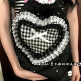 Daiiibabyyy  Lace Plaid Love Heart Mochilas Mujer Sweet Cute Bow Mochila Drawstring Bag Portable Lightweighte Backpack Y2k Bags for Woman