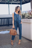 Daiiibabyyy  Casual Women Jumpsuit Sleeveless High Waist Button Front Romper Light Blue Straight Leg Solid Color Denim Jumpsuit Drawstring