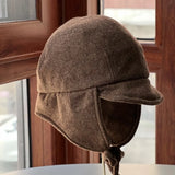 Daiiibabyyy  Autumn and Winter New Plain Weave Ear Protector Baseball Cap Men's and Women's Short Brim Outdoor Warm Riding Woolen Bomber Hats