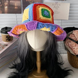 Daiiibabyyy  Wind Flower Handmade Wool Crochet Bucket Hat Women's Big Brim Retro Grandmother Grid Splicing Crochet Bucket Hat