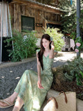 Daiiibabyyy  Green Floral Print Maxi Dress Summer Beach Vacation Essential Beautiful V-Neck Sleeveless High Waist A- Line Dress