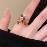 Daiiibabyyy  Retro Colored Seven Chakra Beads Tiger Eye Stone Planet Ring Women Girls Personalized Index Finger Ring Jewelry