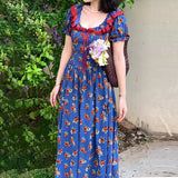 Daiiibabyyy  women's blue bubble sleeve floral dress women's summer sweet pinched waist floral  long dress