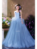 Daiiibabyyy  Blue Light Luxury Applique Wedding Dresses Women Sweetheart Strapless Lace Up Evening Bridal Dress Elegant Prom Party Ball Gown