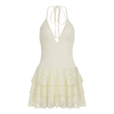 Daiiibabyyy  Hottie Lace Dress Summer Holiday Rave Party New Outfit Halter V-neck High Waist Open Back Solid Lacing Pleated Mini Dresses