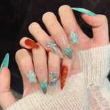 Daiiibabyyy  10Pcs Long Oval Handmade False Nails Ice Blue Color With 3D Flower Design Glitter Fake Nail Tips For Women Lady Press on Nails