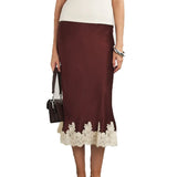 Daiiibabyyy  New Lace Patchwork Silk Surface Half Skirt Draped Glossy A-line Mid-length Skirt Women Spring Autumn Elegant Demeanor Lace Skirt