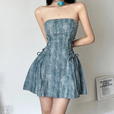 DAIIIBABYYY  -  Retro Washed Denim Strapless Dress With Double Tie Up Design For Women Elegant Sleeseless Show Waist Slimming Fit Short Dresses
