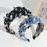 Daiiibabyyy Wide-brimmed Denim Fabric Hair Band for Women Creative Pearl Knotted Headband Fixed Hoop Hairband Girls Hair Accessories