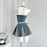 Daiiibabyyy Women Patchwork A-line Denim Dress Y2k Vintage Elegant Off Shoulder Sleeveless Y2k Fashion Instagram High Street Trend Skirts