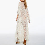 Daiiibabyyy  Elegant Flower Embroidery Hollow Beach Dress Sexy V-neck Batwing Sleeve Solid Long Dress Lady Fashion Loose Sun Protection Dress