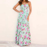 Daiiibabyyy  Flower Print Hollow Suspender Long Dress Fashion Women Off Shoulder Pleated Bohemian Dress Vacation Backless Summer Casual Dress