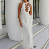 Daiiibabyyy  Elegant Sleeveless Embroidery Hollow Long Dress Women Fashion Backless White Party Dresses Sexy Halter Lace-Up Cover-Up Swimsuit