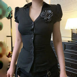 Daiiibabyyy  European American Temperament Leopard Print Applique Lapel Shirt Women Thin Worn Slimming Bubble Sleeves Spicy Girl Top