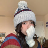 Daiiibabyyy  Japanese Retro Jacquard Knitted Pullover Hat for Women Autumn and Winter Ear Protectors Thickened Warm Skull Beanie Cap