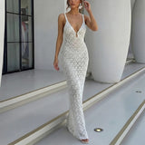 Daiiibabyyy  Sexy Low-cut V-neck Knitted Clothing Long Dress Elegant Backless Hollow Slim Fit White Dress Women Casual Sleeveless Beach Dress