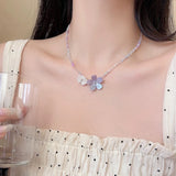 Daiiibabyyy  Purple Flower Crystal Bead Necklace Colorful Mixed Glass Beads Gentle Exquisite High-End Sweet Necklace Women's Jewelry Gifts