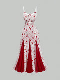 Daiiibabyyy  Pink Strawberry Floral Sheer Mermaid Dress With Lace Trim And Thin Straps For Spring Summer