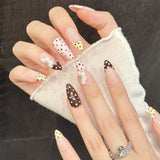 Daiiibabyyy  10pcs Vintage Almond Press On Nails With 3D Polka Dot Flower Design Pink Yellow Brown Sweet Pattern Handmade Fake Nail For Women