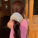 Daiiibabyyy  Girl,s Cute Scrunchies Blue Checkered Lace Double Piece Handkerchief Hair Band Hair Tie Korean Style Hair Tie New Hair Accessory