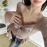 DAIIIBABYYY  -  New Women's Solid Color Slim Fit with Exposed Navel Fashion V-neck Hanging Neck Long Sleeved Top for Women
