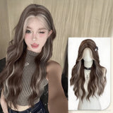 Daiiibabyyy  Brown Ash Highlight Long Water Wave Synthetic Wig Middle Part Face Framing Women Y2K Street Party Sweet Costume Hairpiece