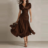 Daiiibabyyy  Collar solid color shirt dress, spring fashion casual short sleeved high waisted dress elegant commuting summer long skirt