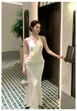 Daiiibabyyy  2026 French Fashionable Elegant Satin Evening Gown Women's Backless V-neck Halter Camisole Long Dress Sexy Chic Banquet Gown