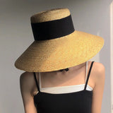 Daiiibabyyy  Summer Seaside Big Brim Straw Hat Women's Vacation Beach Sun Hats Bow Ribbon Wide Brim Wheat Straw Flat Top Boater Hat