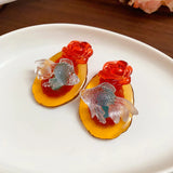 Daiiibabyyy  Resin Oval Koi Flower Earrings for Women New Chinese Retro Earrings 2025 Hot Trendy Drop Earring Luxury Designer Jewelry