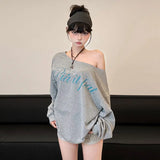 DAIIIBABYYY  -  Commuting Loose Casual Style Spicy Girl Japanese Retro Letter Printed Slanted Neck Shirt Women Slim Versatile Top
