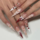Daiiibabyyy  White Glitter Powder Bowknot Long Pointed Fake Nails Art Ballet False Nail Cow Print Pearl Rhinestone Pink Almond Press on Nails
