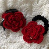 Daiiibabyyy  1pc Elegant Wine-Red Flower Hair Tie with Gold Label & Velvet, French Atmosphere Handmade Wool Rose Claw Clip, New-Style Hair Co