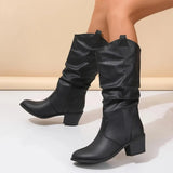 Daiiibabyyy  Europe America Fashion Round Head Thick Sole Western Boots For Women Leather High Top Pleated Casual Daily Footwear