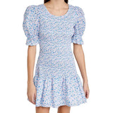 Daiiibabyyy  blue floral Printed Ruffle Mini Dress Smocked puff sleeves cute summer dress round neck sexy women dress