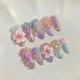 Daiiibabyyy  24Pcs French White Gradient Almond Press on Nails Flower Pattern False Nails with 3D Rhinestone Design Fake Nail Art