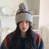 Daiiibabyyy  Japanese Retro Jacquard Knitted Pullover Hat for Women Autumn and Winter Ear Protectors Thickened Warm Skull Beanie Cap