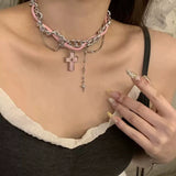 Daiiibabyyy  Y2K White Zircon Cross Pendant Necklace for Women Exquisite Leather Rivet Star Tassel Choker Vintage Punk Versatile Jewelry Gift