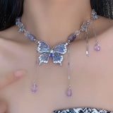 Daiiibabyyy  Purple Necklace for Women Crystal Butterfly Tassels Fashion Punk Style Jewelry Sweet Vintage Collares Para Mujer