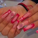 Daiiibabyyy  24pcs Red Long Square Fake Nail Art with Flower Design Nails Sets Press on Gradient French False Nails Datachable Manicure Tips