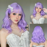 Daiiibabyyy  Lavender Purple Wavy Medium Wig Synthetic Hair Flat Bangs Cosplay Daily Party Costume Full Wigs for Women Girls
