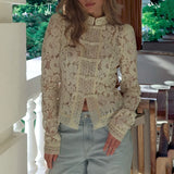 Daiiibabyyy  Lace Blouse Crochet Slim Fit Blouse Stand Collar Elegant Commuter Shirt Cute Feminine Breathable Button Down Stylish Shirt
