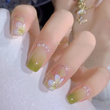 Daiiibabyyy 24Pcs Artificial False Nails with Green  Flower Design Mid-length Square Ballet Fake Nails Press on Wearable Full Cover Nail Tip