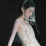 Daiiibabyyy  Vintage Pearls Beads Brides Veil Tassels White Wedding Veils Tulle Short Bride Head Gauze Headdress