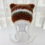 Daiiibabyyy  Cat Ear Contrast Stripe Handmade Crochet Plush Hat Children's cute ear protection warm imitation mink wool cap in winter