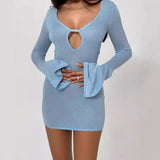 Daiiibabyyy  Must - have for Fairy & Gentle Style! Deep V Hollow - out Dress with Flared Sleeves, Slim Fit to Showcase Graceful Silhouette