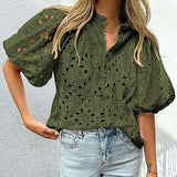 DAIIIBABYYY  -  Half Lantern Sleeve Fashion Tops, Women Summer Loungewear Solid Hollow Out Blouses, Ruffled Elegant Ladies Pullover Shirts
