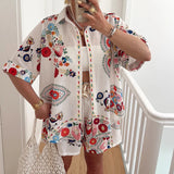 Daiiibabyyy  Cotton Linen Casual Summer Outfit Fashion Lapel Button Shirt & Short Pant Suit Women Fashion Pattern Print Half Sleeve Loose Set