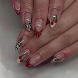 Daiiibabyyy  24Pcs Red Gradient Cherry Bow Press on Nails Star Rhinestone Fake Nails Mid-length Almond Detachable Full Cover False Nails Tips